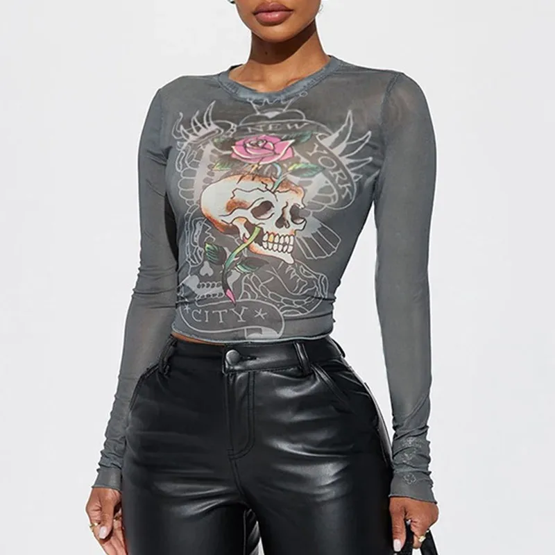 Spring Autumn Women Pullover Mesh Short Top Long Sleeve Street Wear Skull Printed