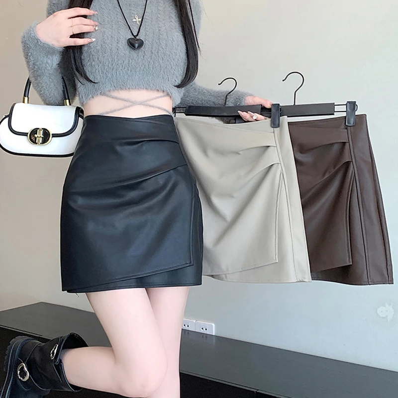 Vintage Pu Leather Mini Skirt Women Irregular Folds Office Lady High Waist Skirts Korean A Line Slim Fit Zipper Spring Skirt New