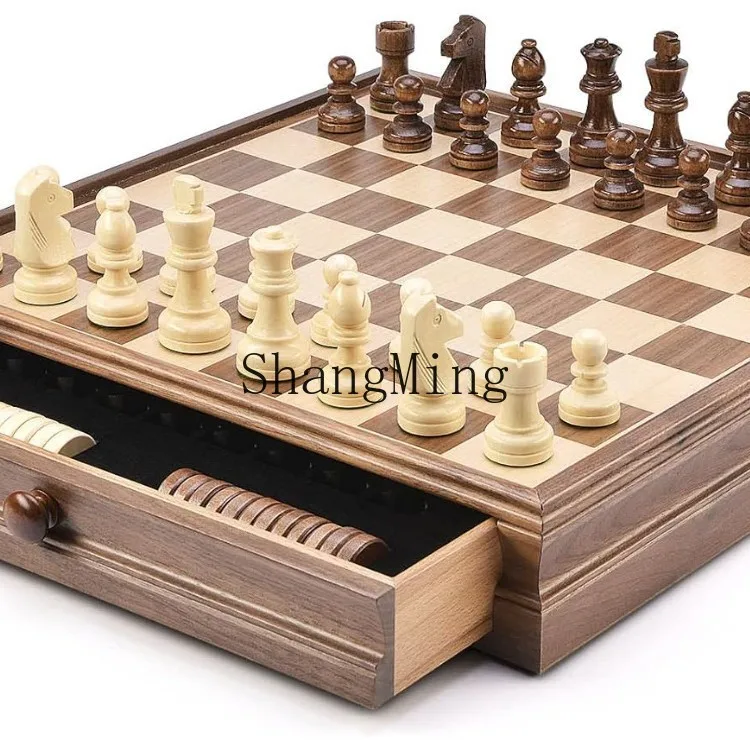 

PYH walnut solid wood chess checkers set drawer high-end solid wood chess box