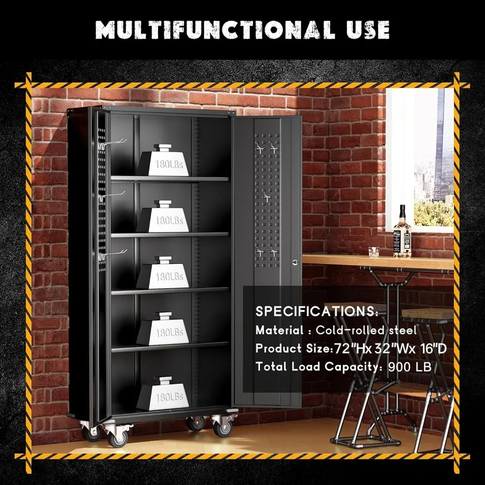 ตู้เก็บของโลหะแบบมีล้อ ขนาดสูง 72 นิ้ว 2 ประตู ชั้นวางปรับได้ ทำจากเหล็กสีดำ สำหรับจัดระเบียบโรงรถ
