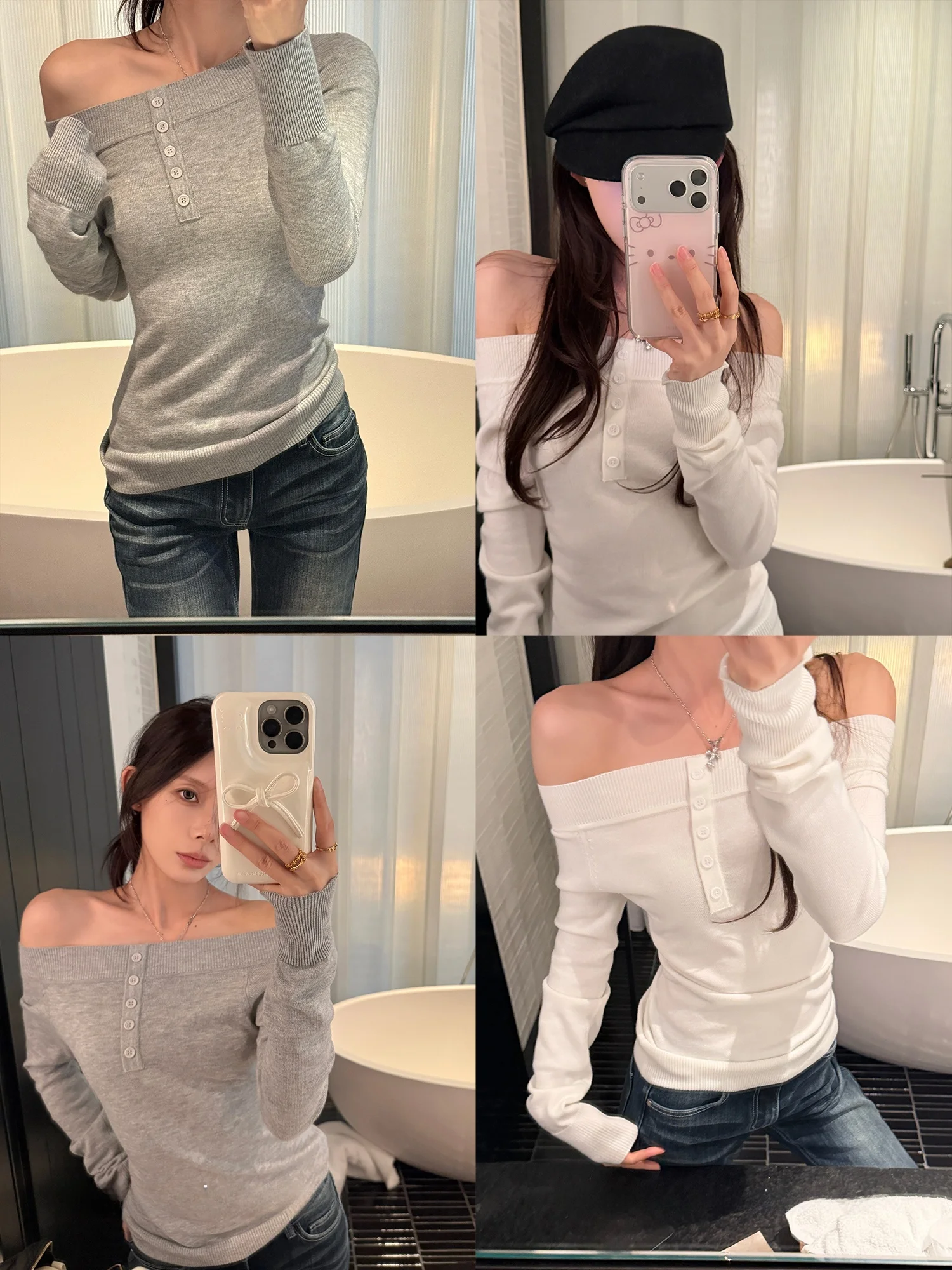 

oulder Bared Two-Way Wear Slim Fit Knitted Sweater Long Sve Women's Base irt Winter Season Polyester Fiber Blend