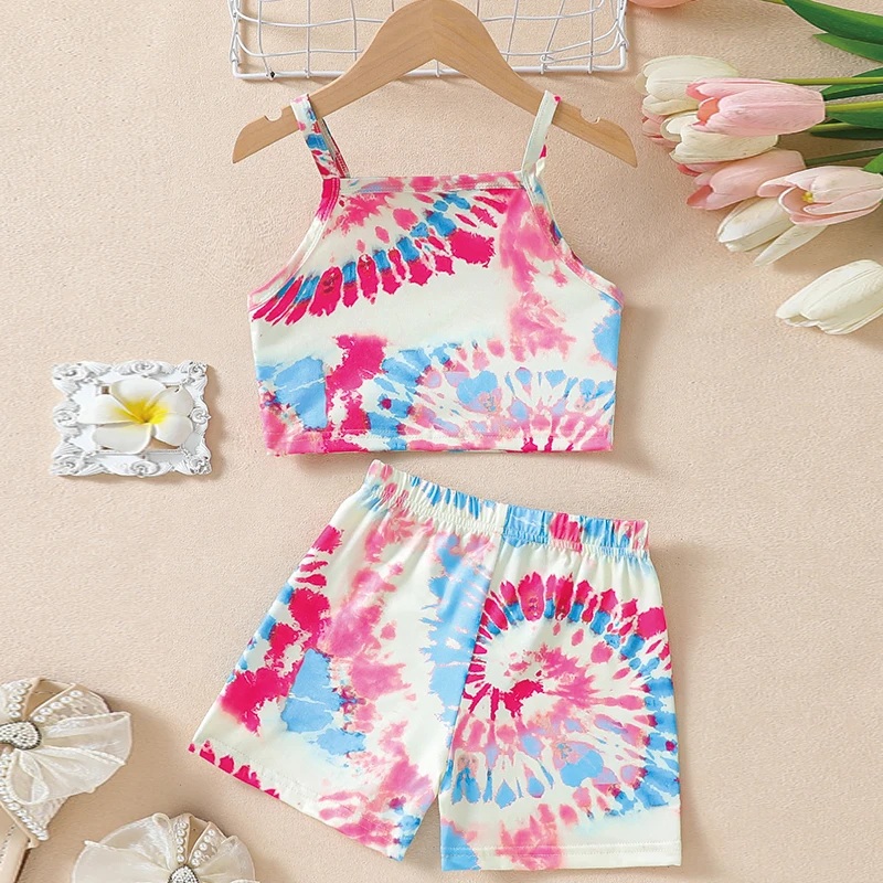 Tie Dye Polyester Girls Casual Fashion Suspender Suit Suitable for Festival/Summer