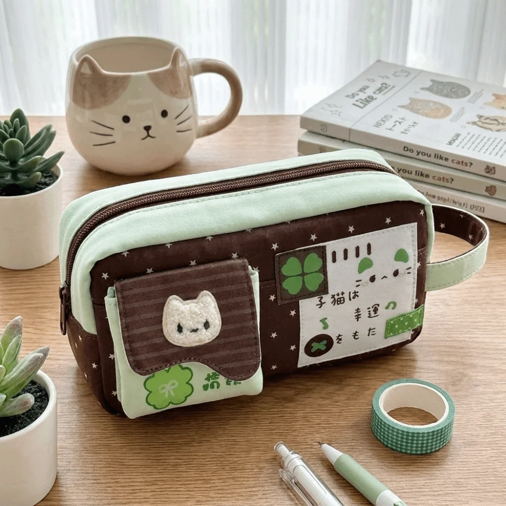 Canvas Cartoon Cat Print Pencil Case Large Capacity Zipper Pen Pouch Multi-Pocket Four-Leaf Clover Print Pencil Pouch Gift