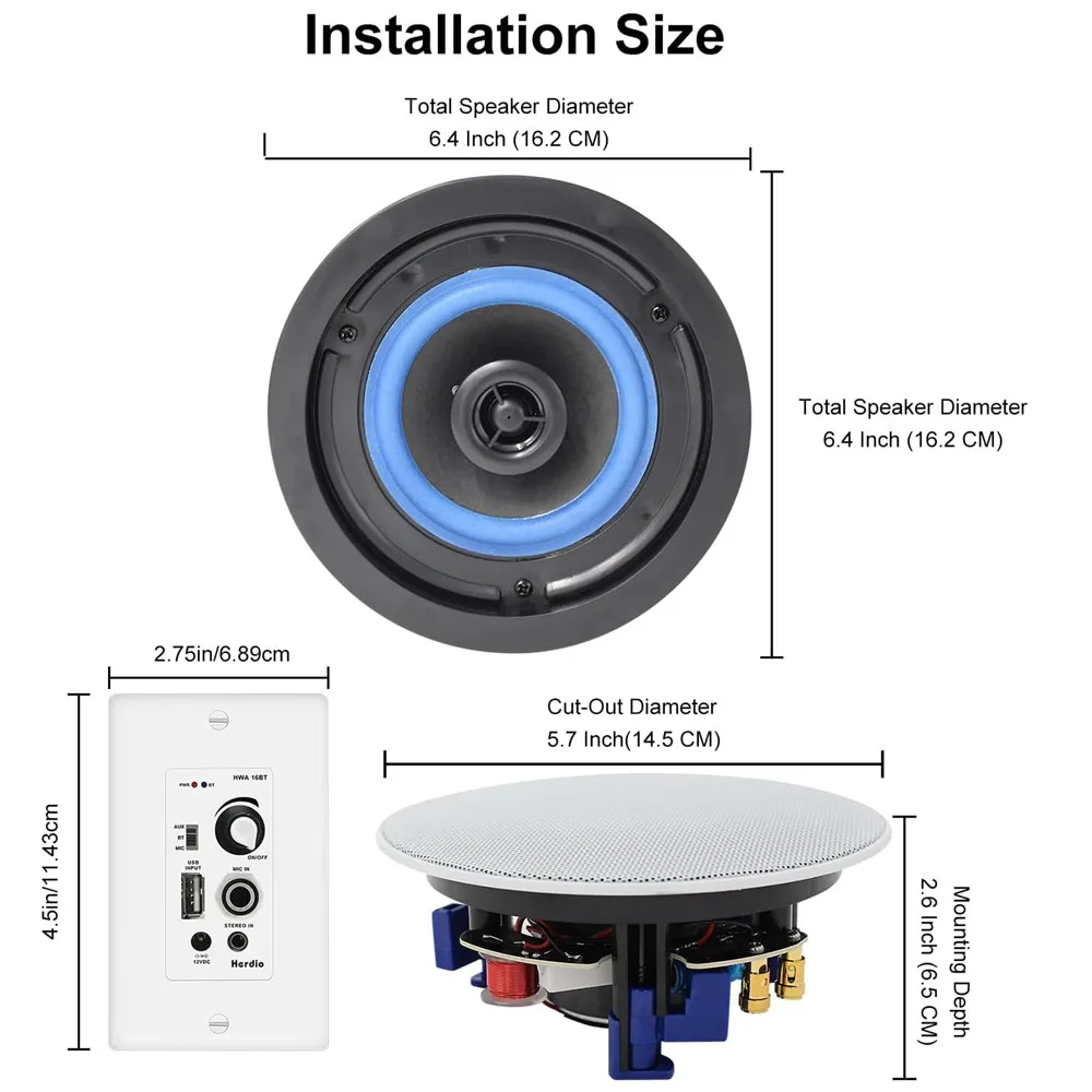 Herdio Bluetooth Ceiling Speakers Wired 4 Channel Amplifier Receiver Theater Home Living Room Office(4 Speakers)