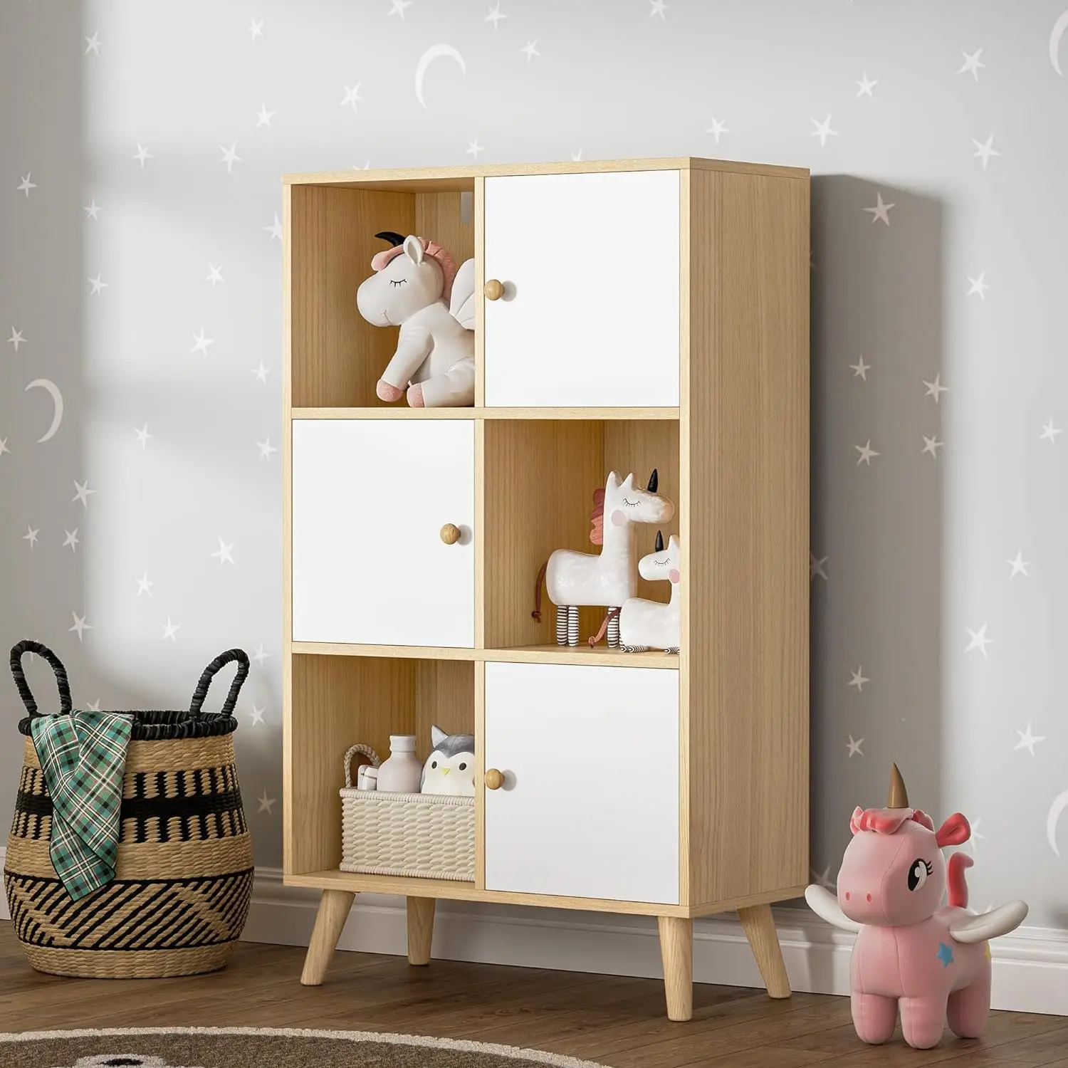 

Oak and White 6 Cube Organizer 3-Tier Kids Bookshelf with Doors, Wooden Cubby Displayv, Storage Cabinet for Living Room, Bedroom