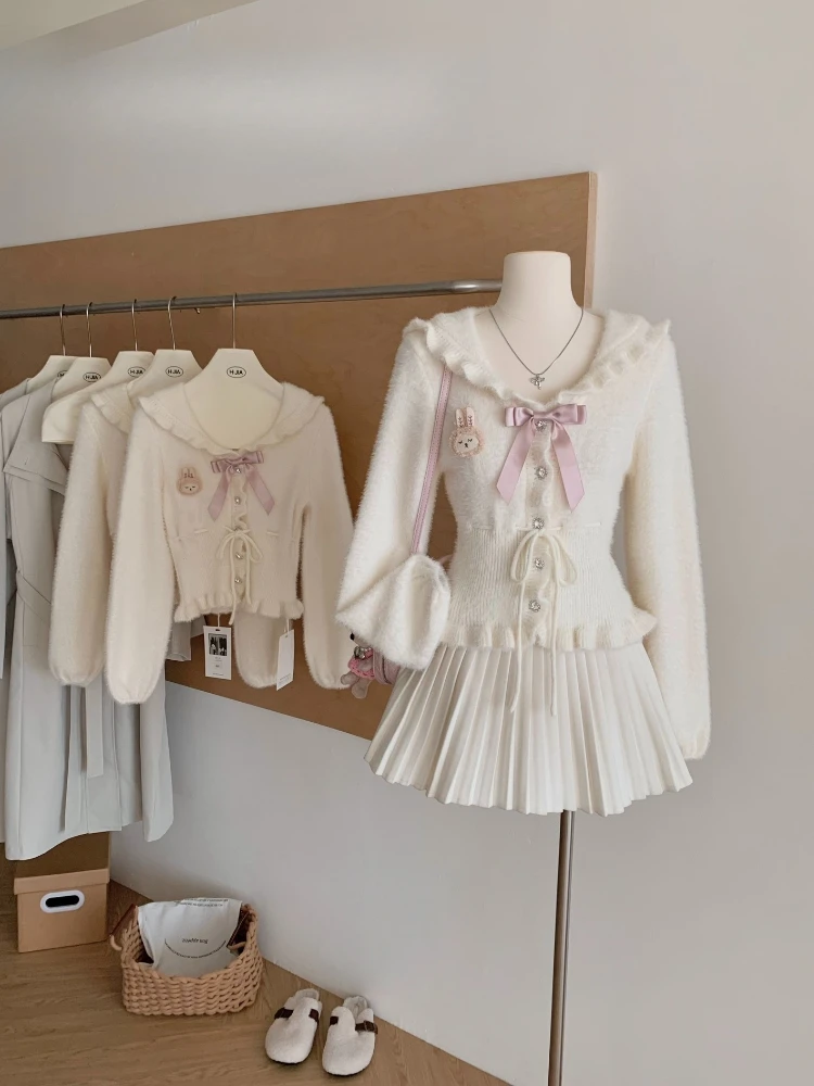 سترات جميلة على الطراز الياباني الجديد لخريف 2025 سترات نسائية كاواي على طراز بريبي أنيقة أنيقة بفيونكة سترة صوفية عصرية رائعة #1