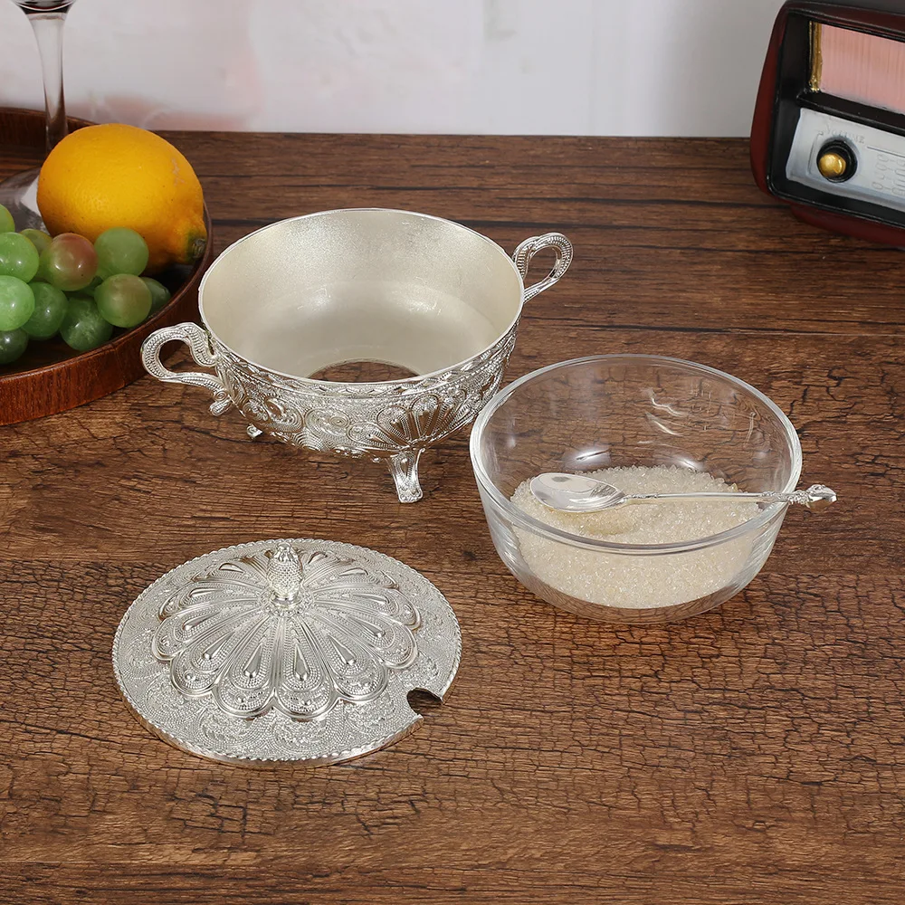 Europea Style Silver Peacock Pattern Sugar Bowl with LidSilver Alloy Spice Salt Cheese ContainerCoffeeBeanStorageJarKitchenDecor view 5