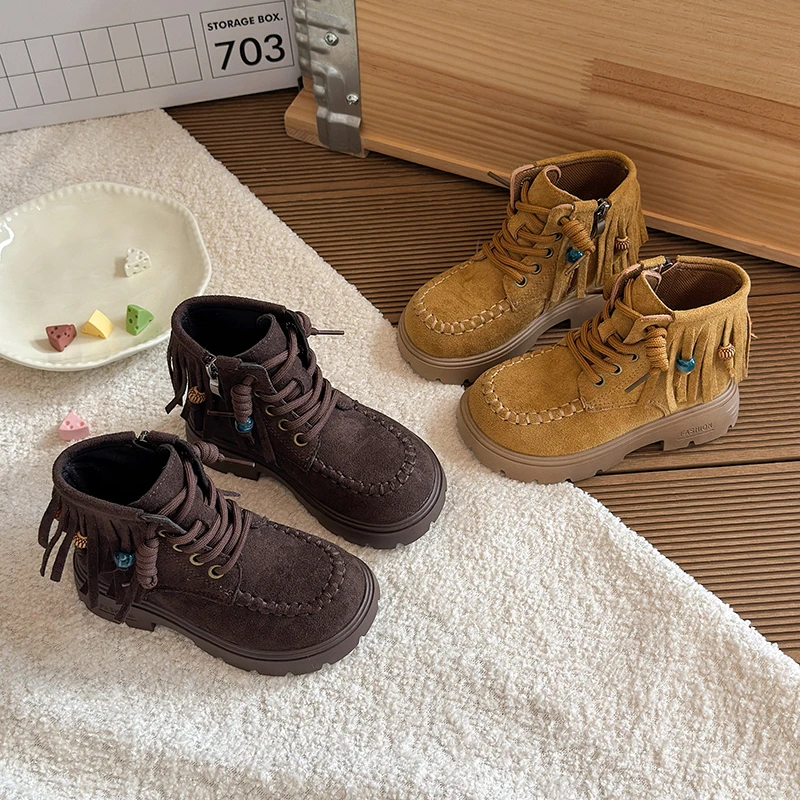 

Spring Autumn Children's Platform Ankle Boots Retro Tassel Girls Fashion Boots School Outdoor Kids Causal Short Leather Boots