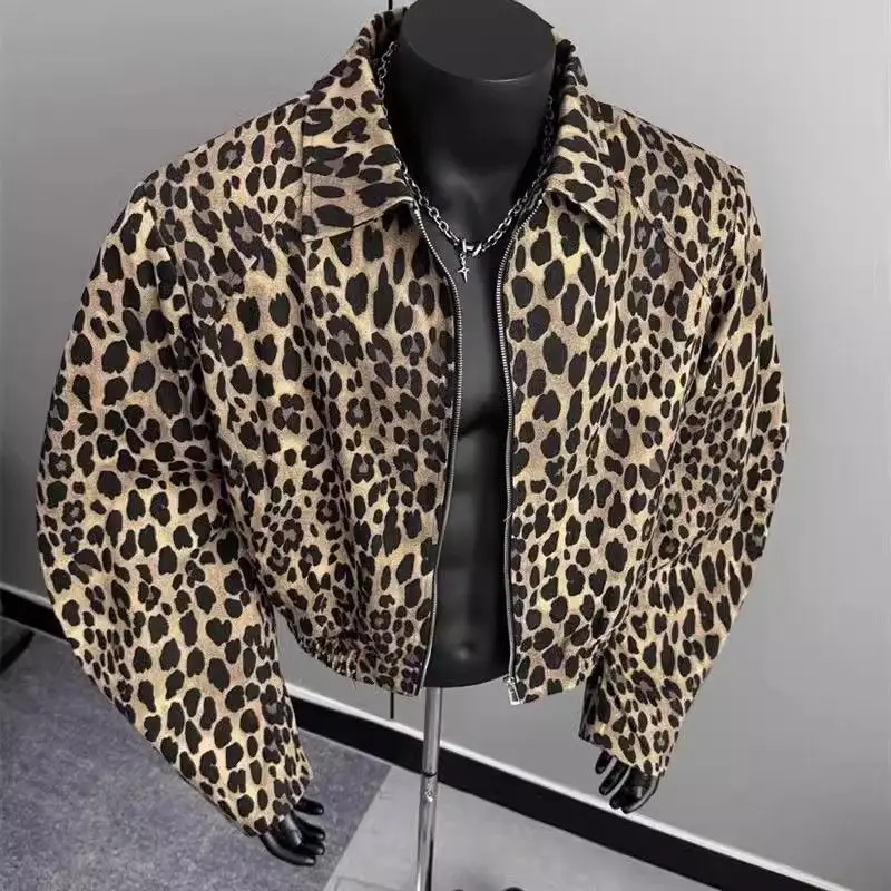 American Style Leopard Print Denim Jacket Unisex Spring Autumn Shoulder Pad Short Loose Outerwear Trendy Turn-down Collar Design
