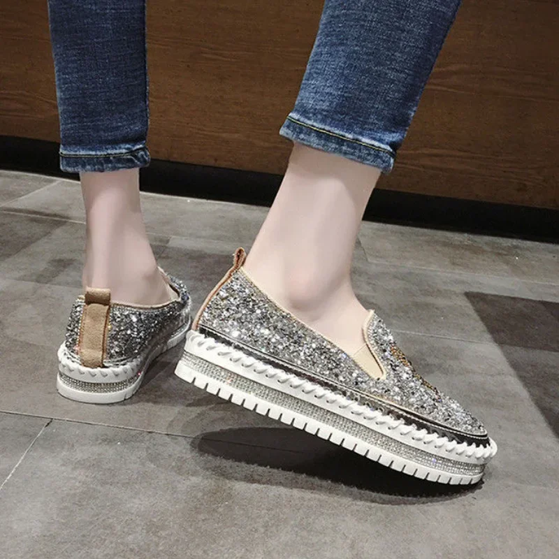 Diamond Rhinestone Loafers with Crystals Ladies Shoes High on Platform Low Slip Women Footwear Bow Canvas 39 Cotton Trends 2024