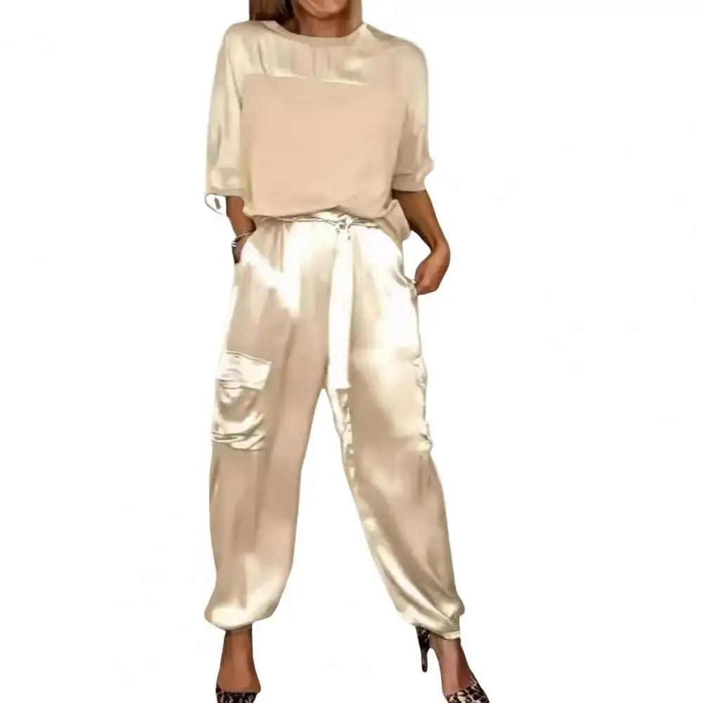 Conjunto monocromático de 2 peças acetinado para mulheres, gola redonda, top e calça de manga comprida, casual solto na moda, primavera e verão