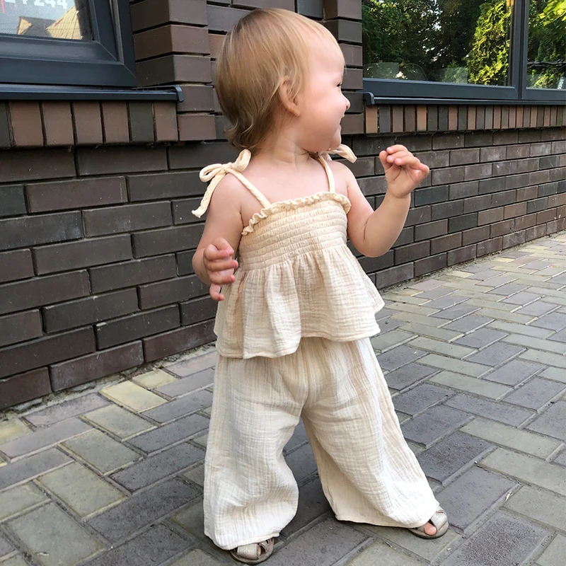 Baby Girl Muslin Cotton Sets Clothing for Girls Kids Newborn Item Summer Solid Color Sleveless Short + Wide Leg Pants  Camisole