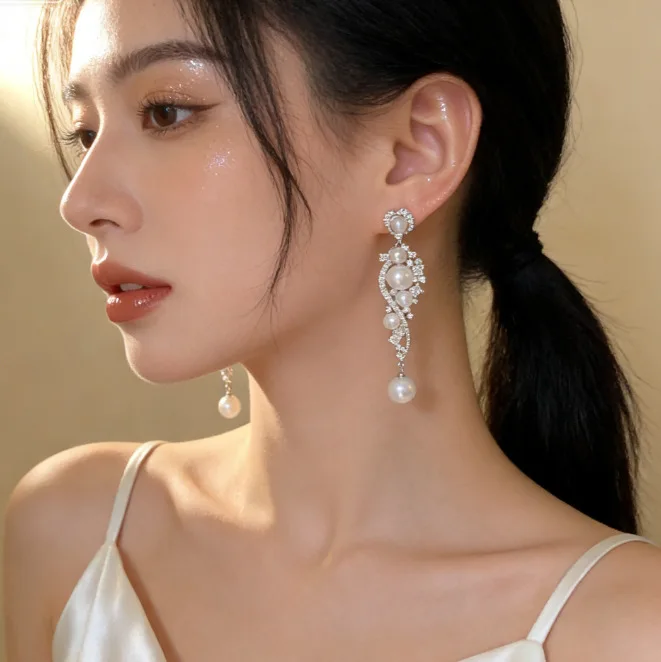 925 Silver Needle Exaggerated Noble Tassel Pearl Earrings For Women Jewelry 2026 Trending Luxury Korean Banquet Dress Earrings
