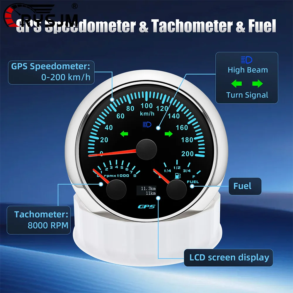 

85MM GPS Speedometer Waterproof 0-200 kmh Gauge 0-8000 RPM Car Fuel Level Meter Electrical Gauge For 12V24V Vehicle Boat Yacht