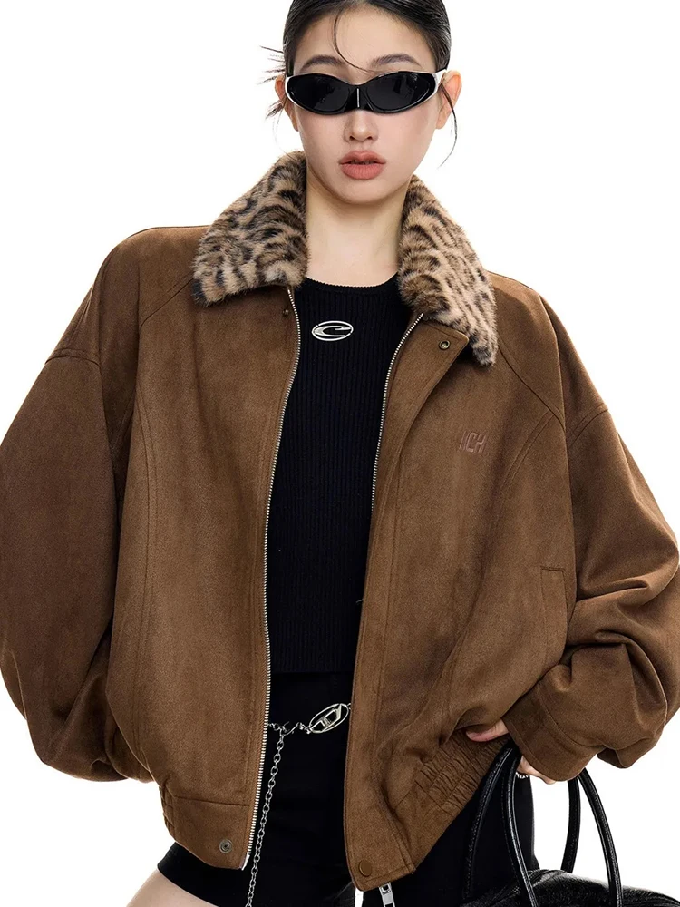 

Leopard Patchwork Faux Suede Jacket Women Vintage Streetwear Y2K Coat American Casual Harajuku Long Sleeve Bf Hip Hop Outwear