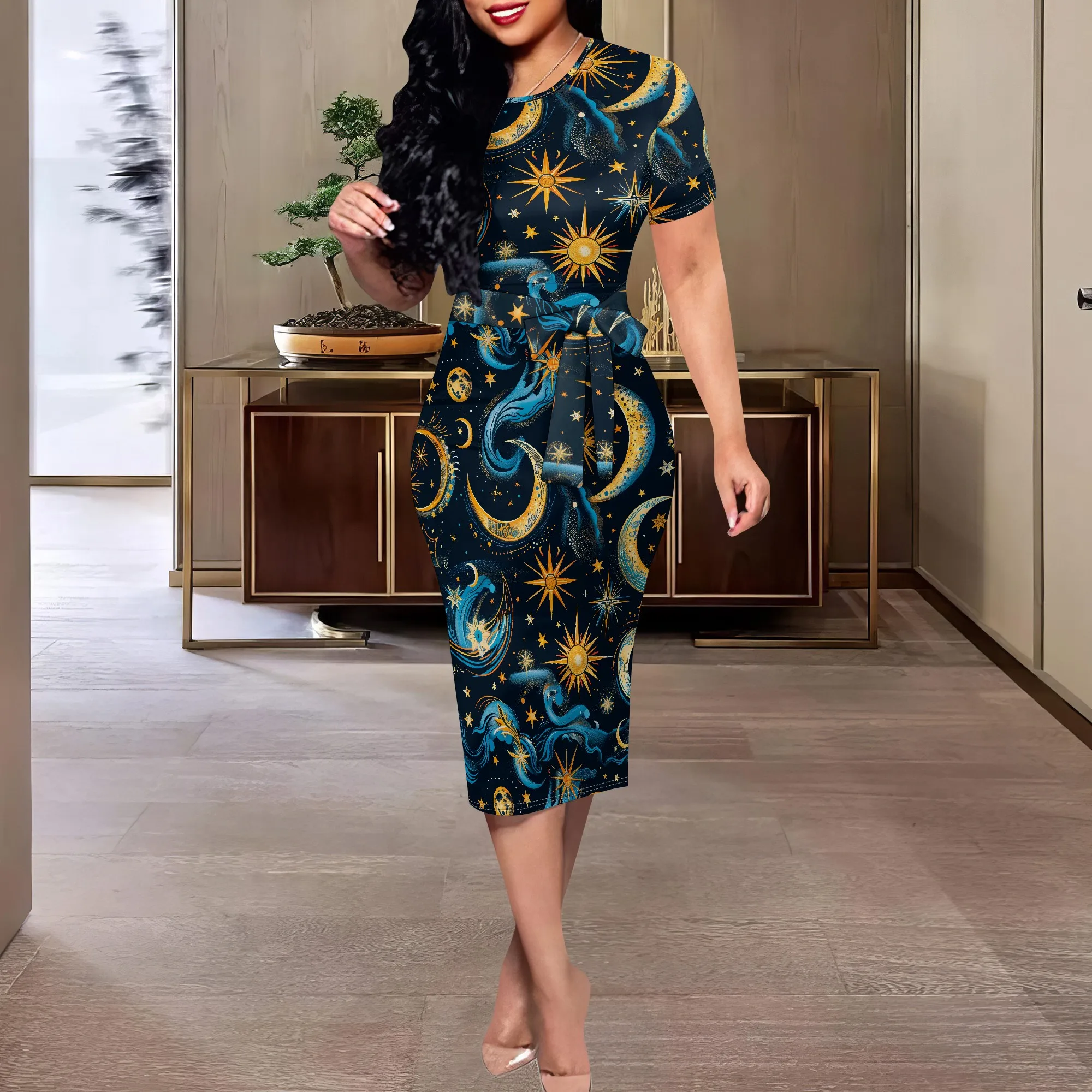 

Mystic Star Moon Print Bodycon Dress XS-3XL Celestial Belted Midi for Halloween, Zodiac Party or Spiritual Goddess Look