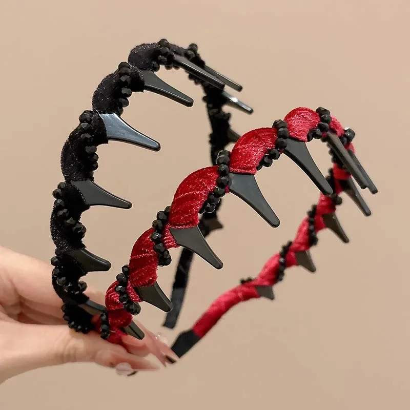 Vintage Black Velvet Crystal Wave Top Hairband For Women Girls Fashion Sweet Anti-Slip Toothed Hairband Hair Accessories