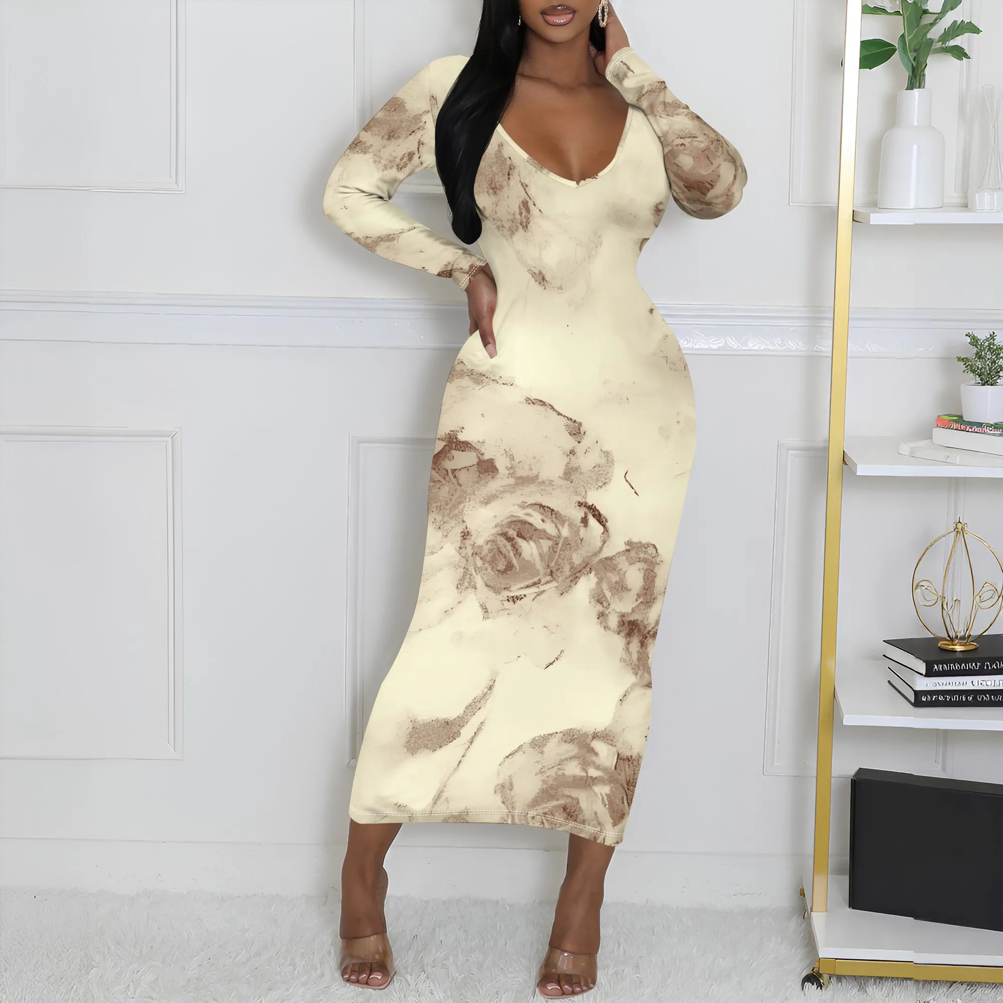 

Women's A utumn Long- Sleeved 3D Printed Geometric Printed Striped Sexy Long- Sleeved Dress