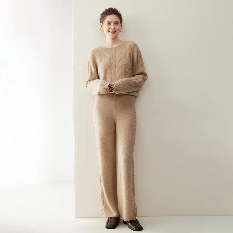 100 %Cashmere Pants Womens Autumn Winter High Waist Wide Draped Soft Knitted Straight Trousers Floor Length Twisted Cozy Elegant