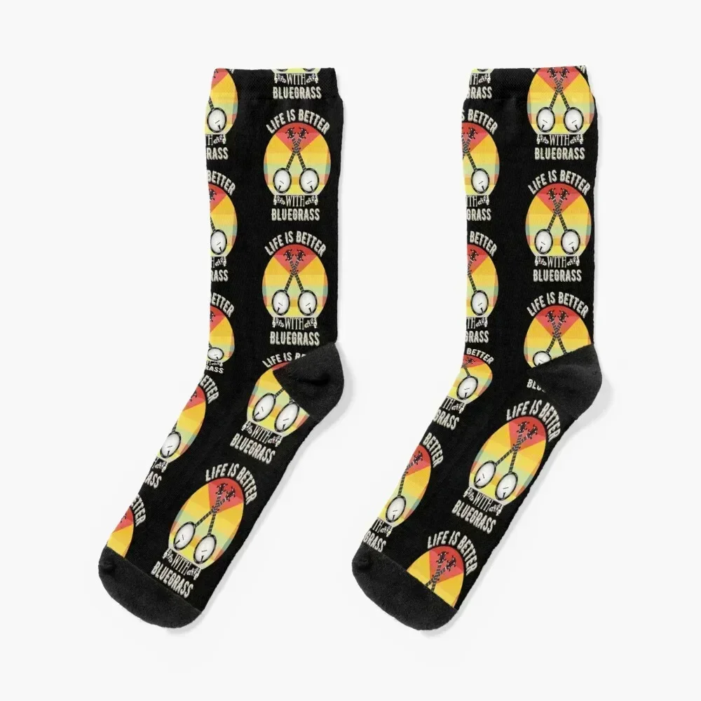 La vida es mejor con Bluegrass, Retro puesta de sol Banjo Player Calcetines de regalo baloncesto Botas de senderismo de colores Calcetines de verano para hombre y mujer