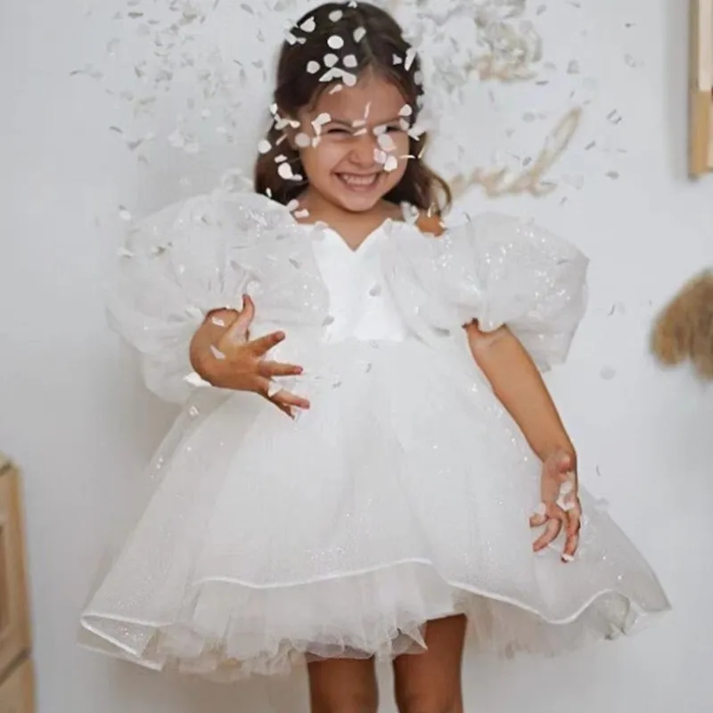 Baby Girl Princess Shinning Dress Off Shoulder Puff Sleeve Toddler Child Tulle Vestido Wedding Birthday Party Baby Clothes 2-14Y