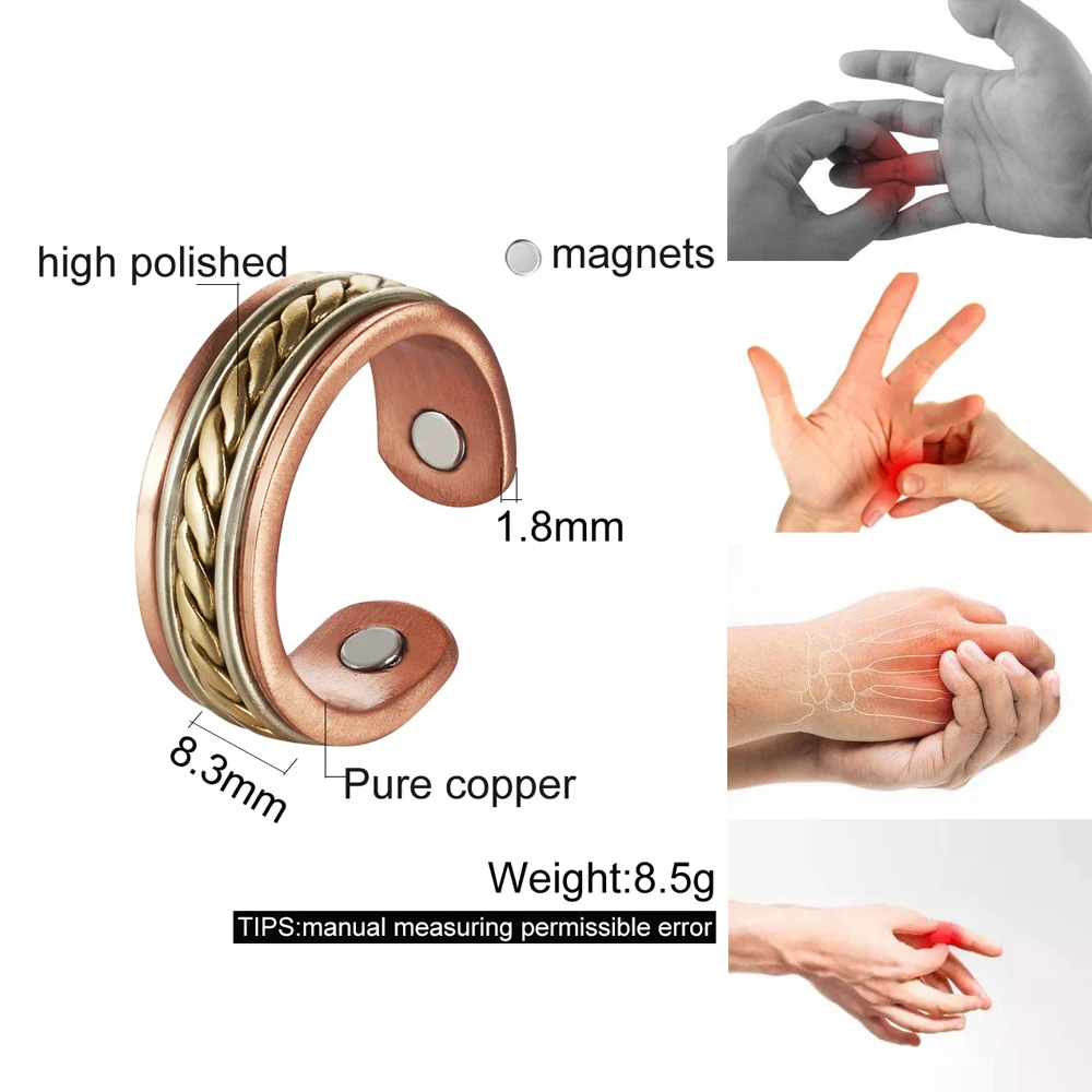 Vinterly Magnetic Pure Copper Rings Female 8.3mm Open Cuff Adjustable High Magnet Wedding Bands Energy Finger Jewelry Women Men