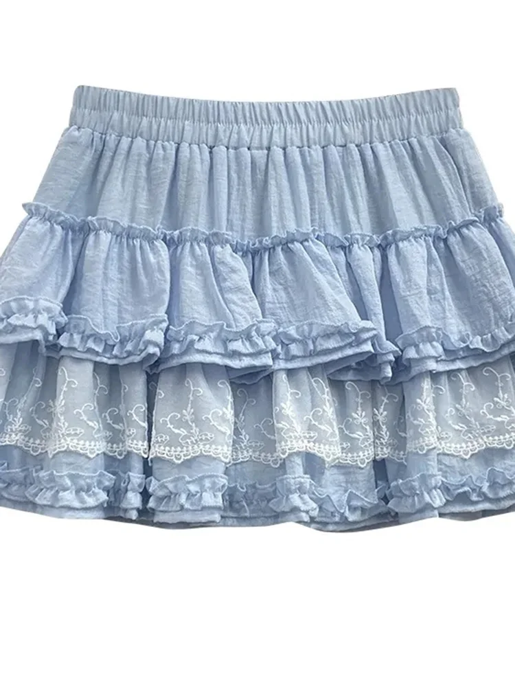 Sweet Ruffles Cake Skirt Women Lace Patchwork Cute Sexy Mini Skirts Summer Fashion High Waist Korean Preppy Style A Line Skirt