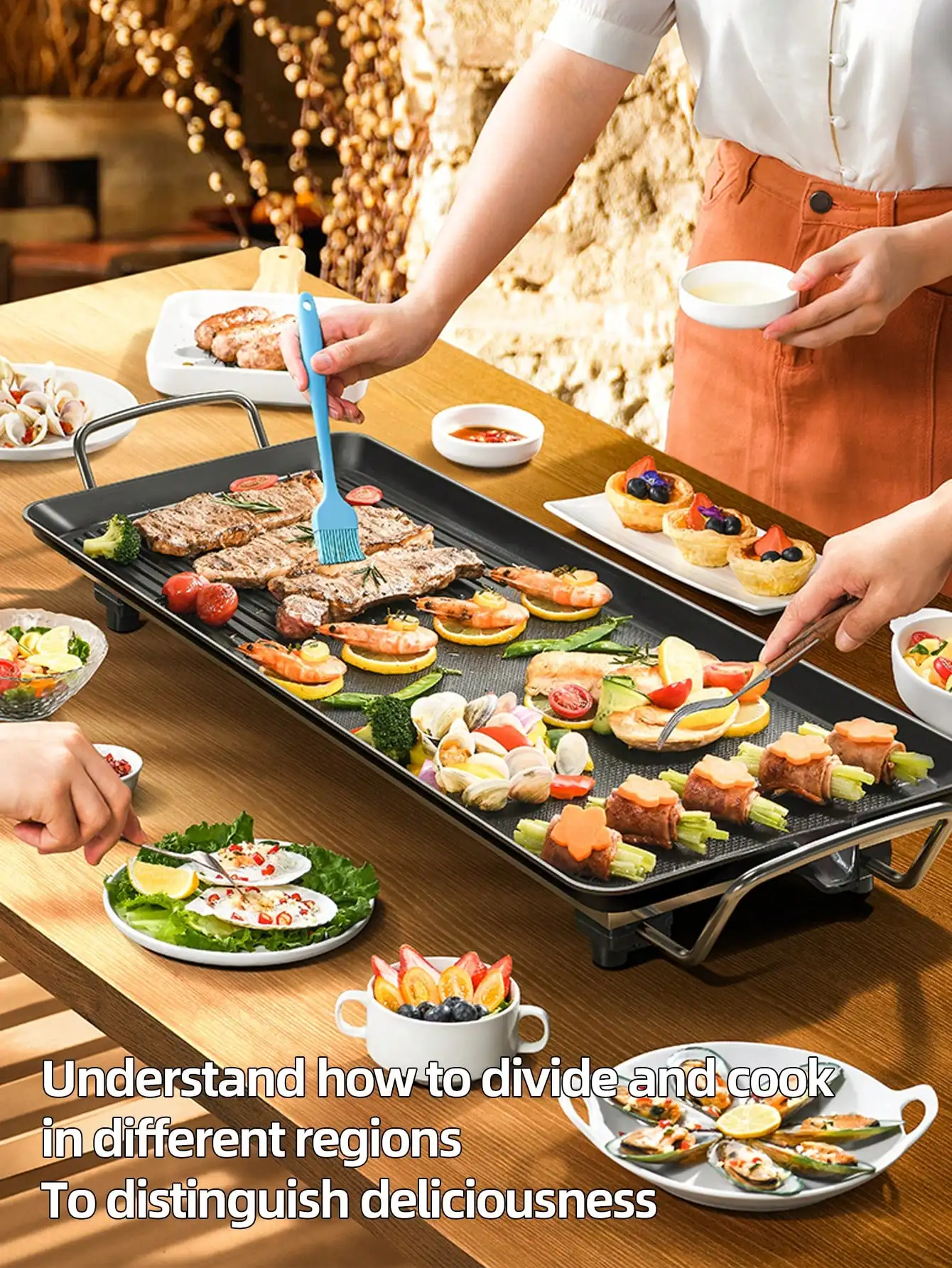 Electric Oversized Detachable Non-Stick Baking Tray, Smoke-Free Grill Plate with Dual Cooking Zones & Separable Temperature Controller