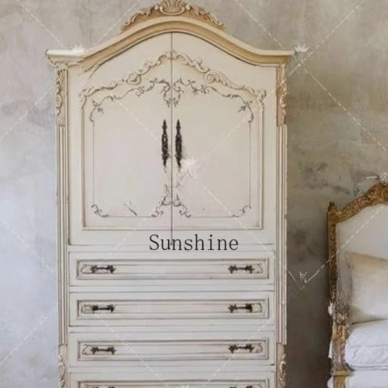

American solid wood carving flower wardrobe retro painted children's double door storage storage furniture customization