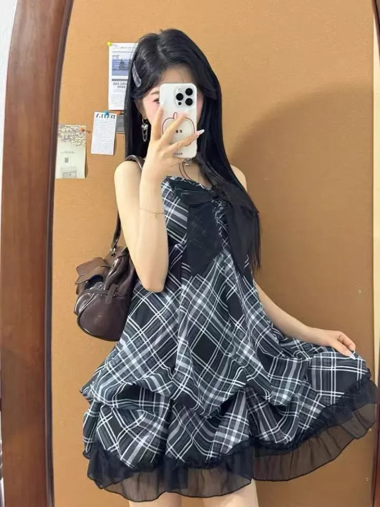 Neue Japanische Vintage Stil Strap Kleid Frauen Koreanische Mode Schwarz Spitze Cami Kleider Sommer Süße Patchwork Neue Einteiliges Kleid