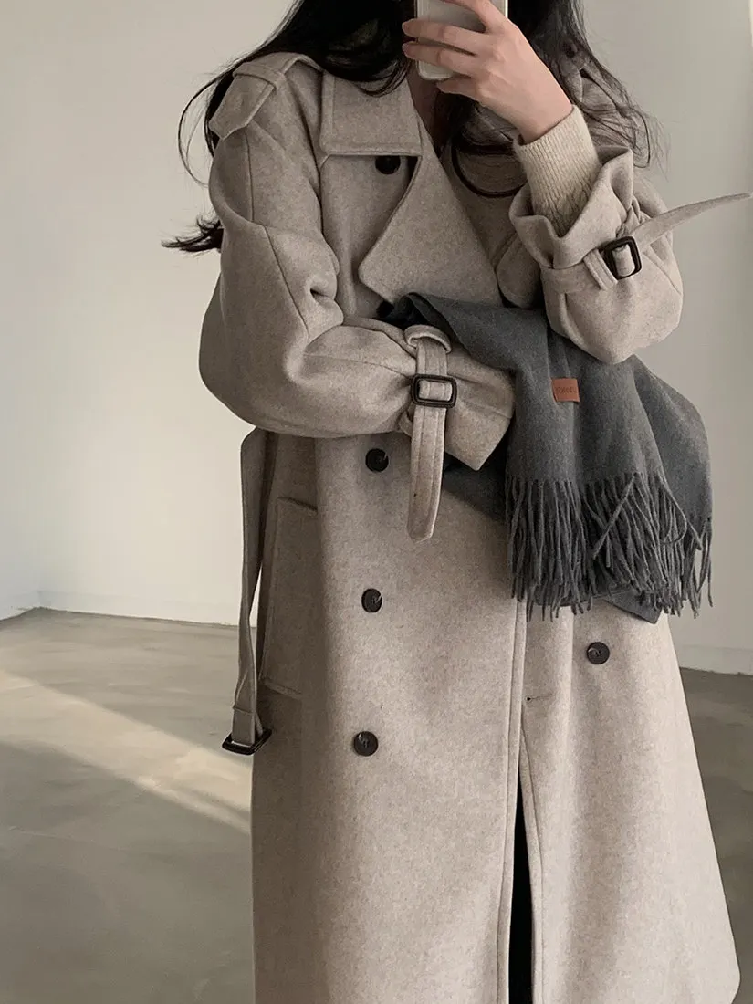Abrigo de lana de invierno con doble botonadura y cuello de traje Retro elegante, abrigo largo de longitud media para mujer, abrigo largo de Color puro