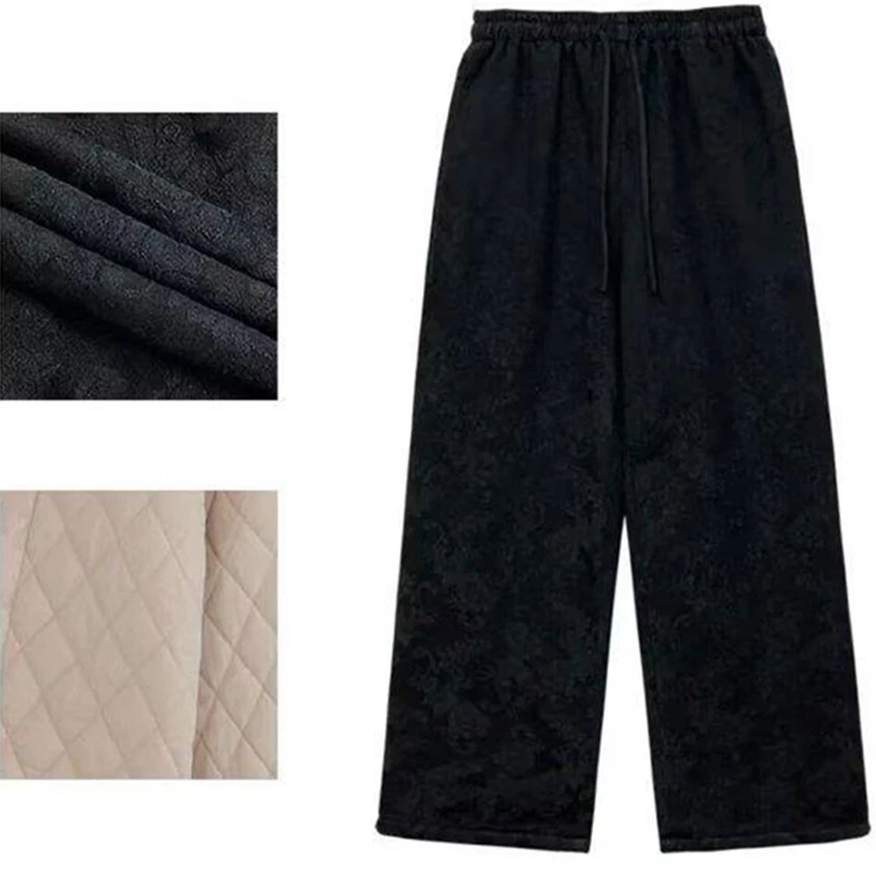 High end jacquard and cotton wide leg pants for women winter new Chinese style elastic waistband tied cotton pants