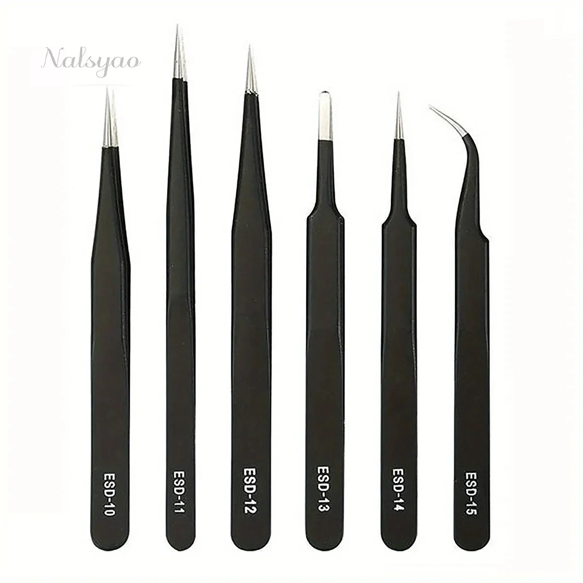 Precision ESD Anti-Static Tweezers Set 6-PC Stainless Steel Tool for Electronic Repair Bending Process Modeling