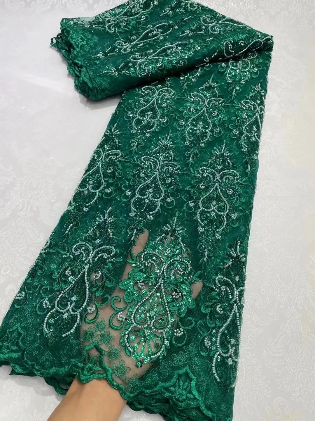 

New Arrival Sequins Tulle Lace Green African Sequence Lace Fabric With Beads High Quality Nigerian French Mesh Net Lace Fabric