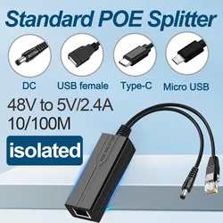 Adaptador divisor POE de 48V a 5V, separador adaptativo activo, inyector aislado, DC, Micro USB, tpye-c, USB hembra para cámara de 100M