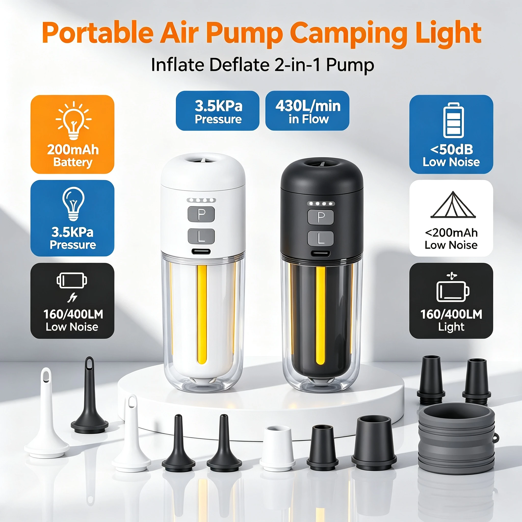 430L/min Ultra Fast Air Mattress Pump Type-C Electric Air Pump Inflate/Deflate for Air Mattress Pool Floats Vacuum Storage Bags