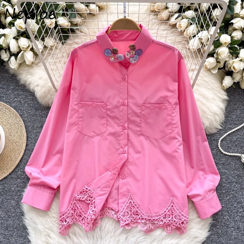 

Neploe Europe Moda 2025 New Color Button Blusas Long Sleeve Turn-down Collar Lace Patchwork Shirt Women Loose Simple Fresh Tops