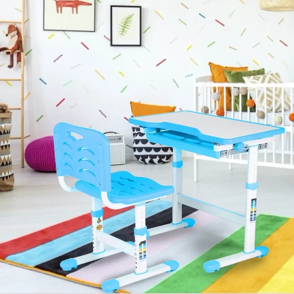 

Adjustable Kids Study Homework Desk Chair Children Activity Art Table Set(Blue)Minimalist Modern Children Tables Furniture