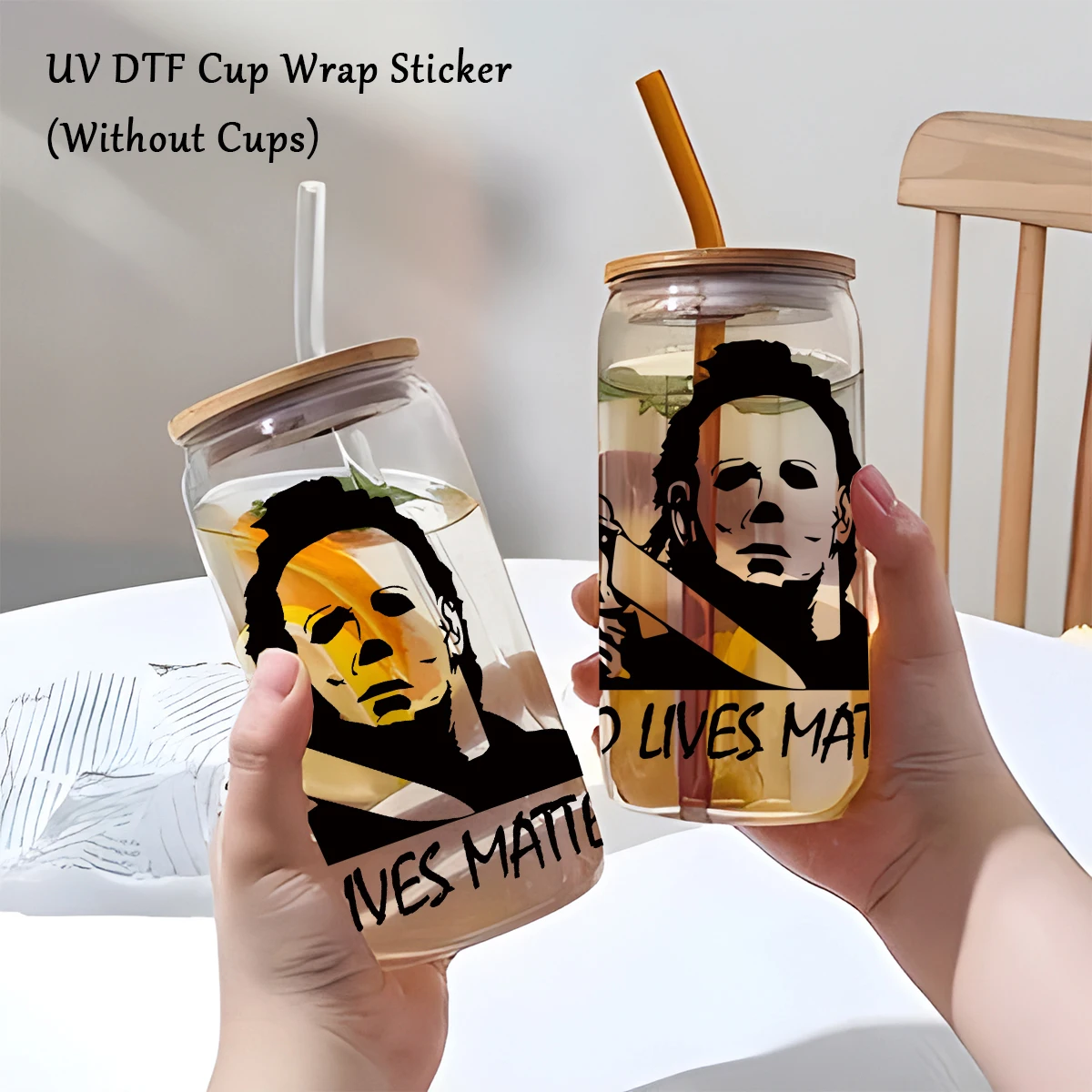 1pc Michael Myers Theme UV Transfer Sticker,Horror UV DTF Cup Wrap Decals for Mark Cup Glass Can,Waterproof Stickers DIY Crafts