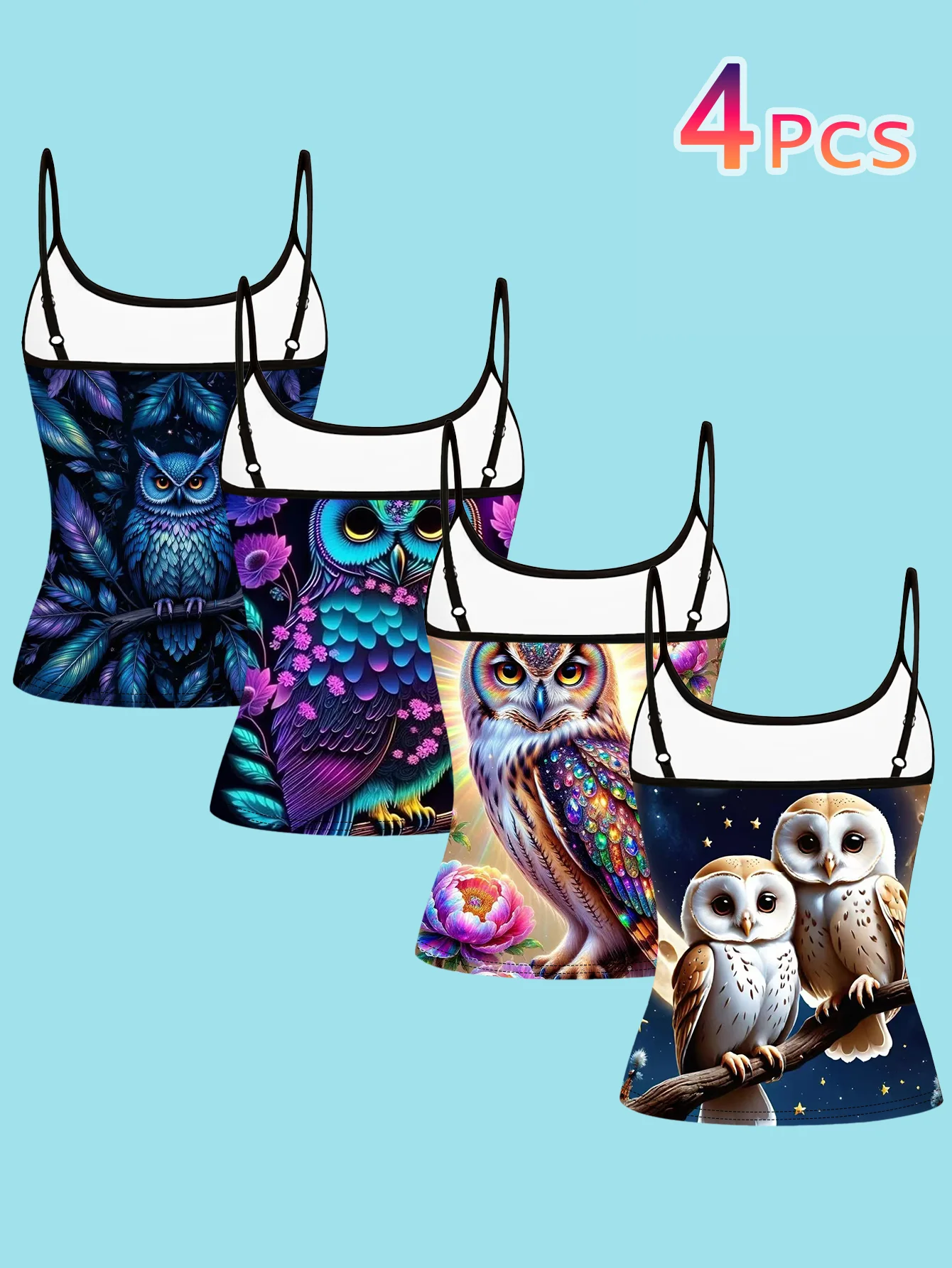 4-Piece Set of Women's Spaghetti Strap Camisoles with Fantasy Owl, Peony, Feather, Moonlit Night, and Starry Sky Art Prints, Slim-Fit Sleeveless Tops