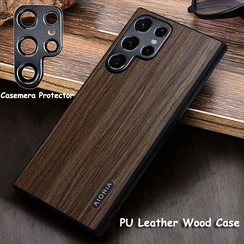 PU Real Wood Case for Samsung Galaxy S23 S22 Ultra S22 Plus S23 5G Cases Hard Matte Camera Protector Anti-fall Back Cover Fundas