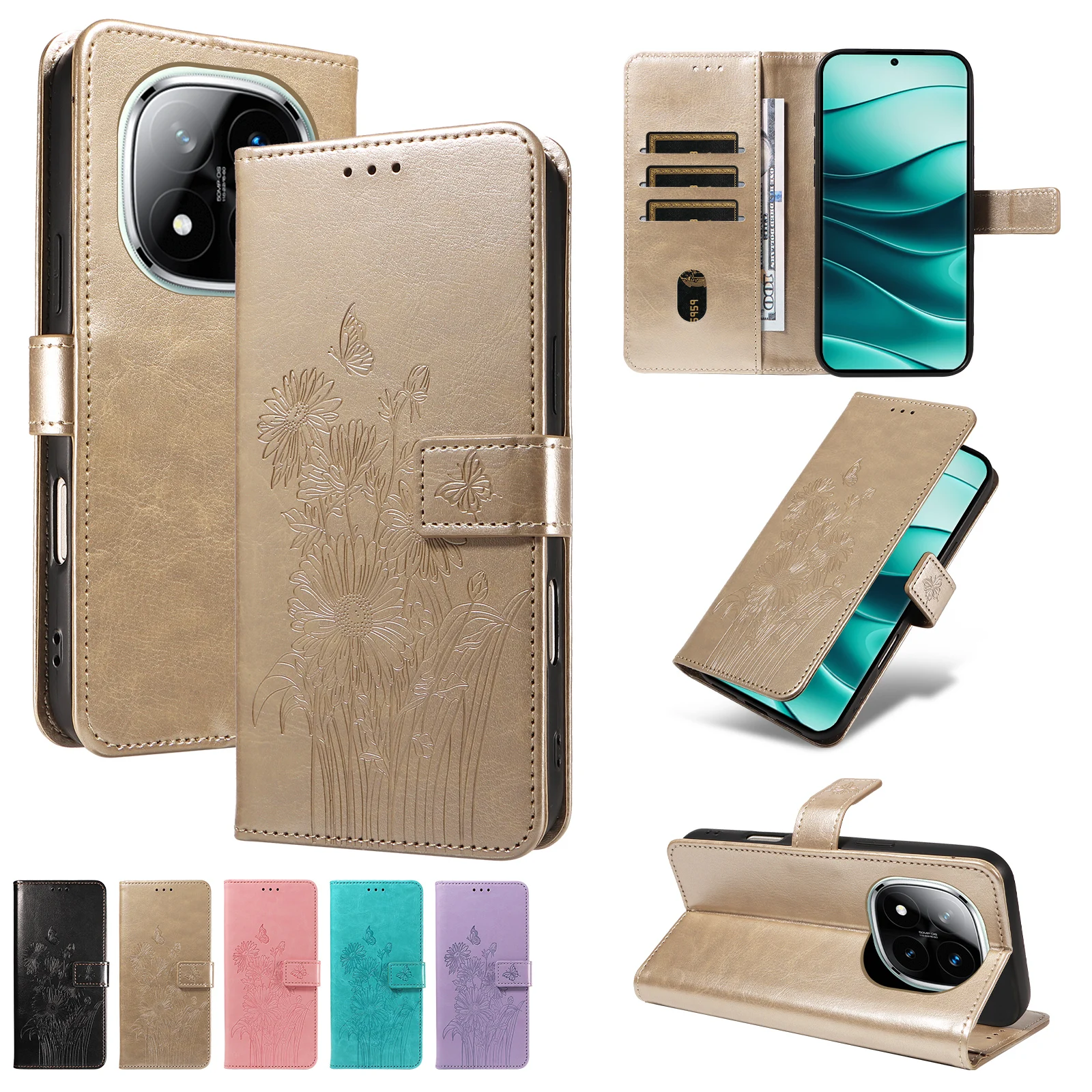 Für Redmi Note 8/9/10/11/12/13/14/15Pro Wallet-Handyhülle mit geprägtem Standfuß und Schutzhülle aus Kunstleder – Detail 1