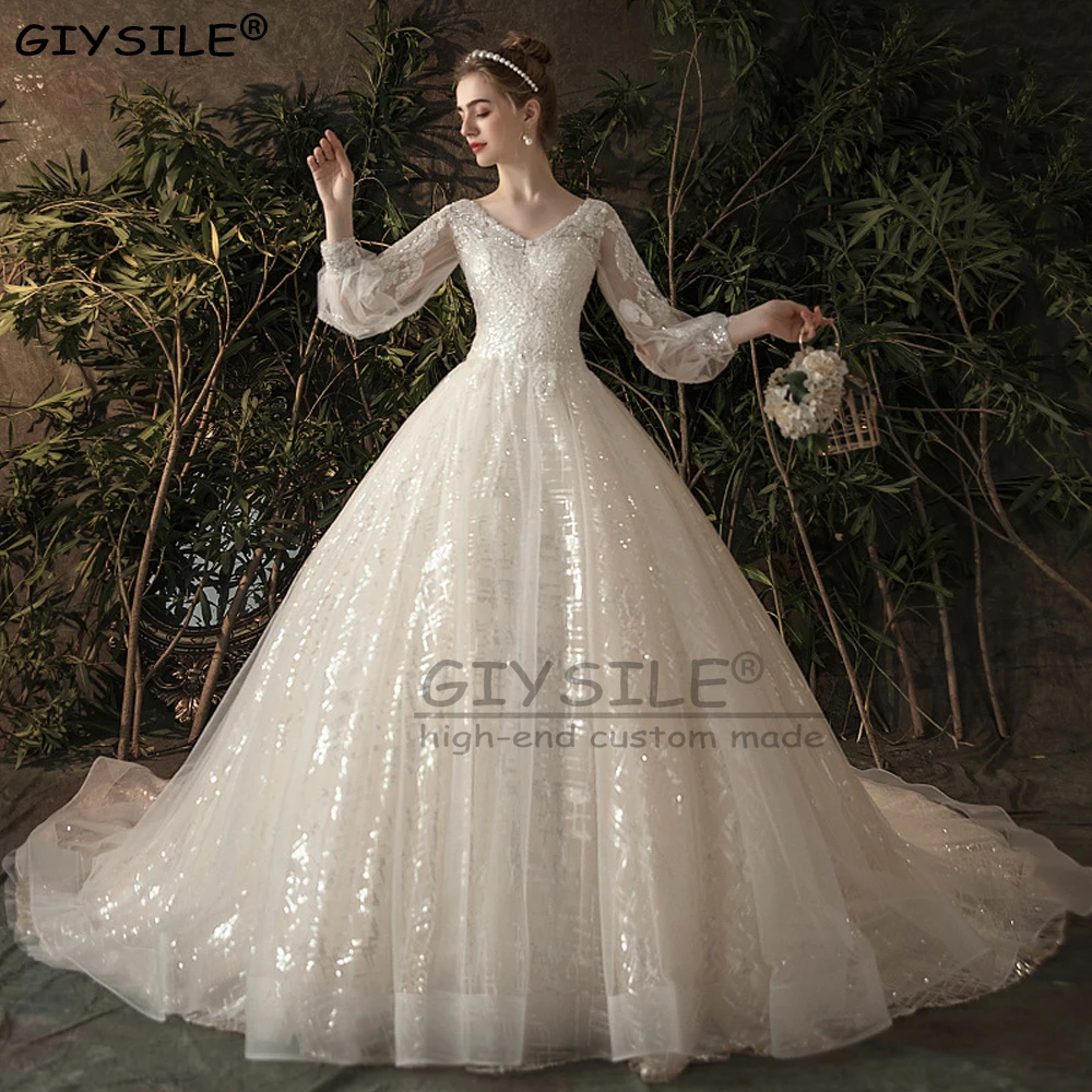 GIYSILE Aangepaste Bruids Belangrijkste Trouwjurken Luxe 2025, Nieuwe Staart Kant Lange Mouw V-hals Grote Maat Trouwjurk Vestidos
