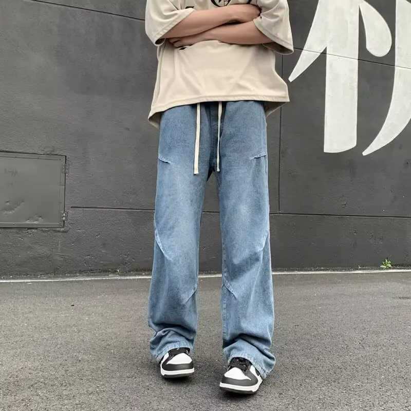 

Retro American Blue Workwear Jeans Men's Spring Autumn Style Washed Folded Wide Leg Pants Design Sensation Micro Flared Jeans