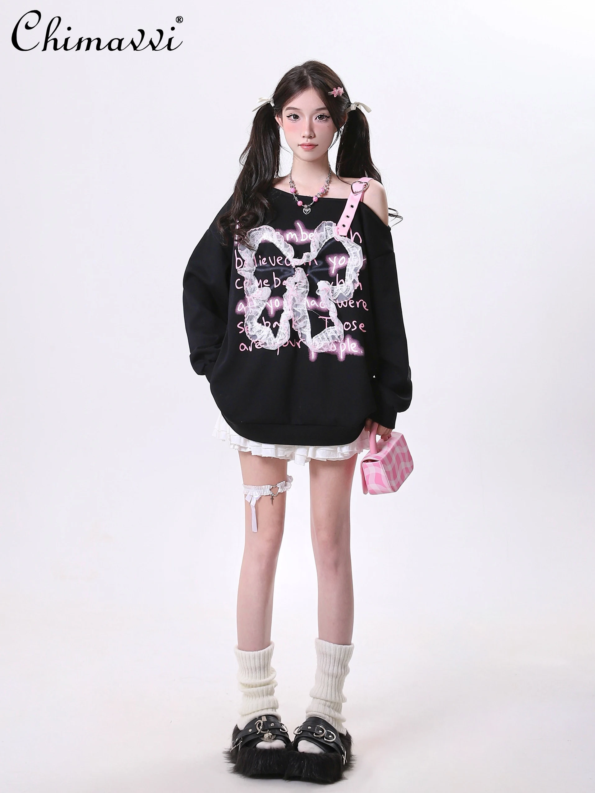 Autumn New American Sweet Lace Bow Design Sweatshirt Women Sexy Girl Off-shoulder Long-sleeved Loose Kawaii Hoodies Y2k Tops