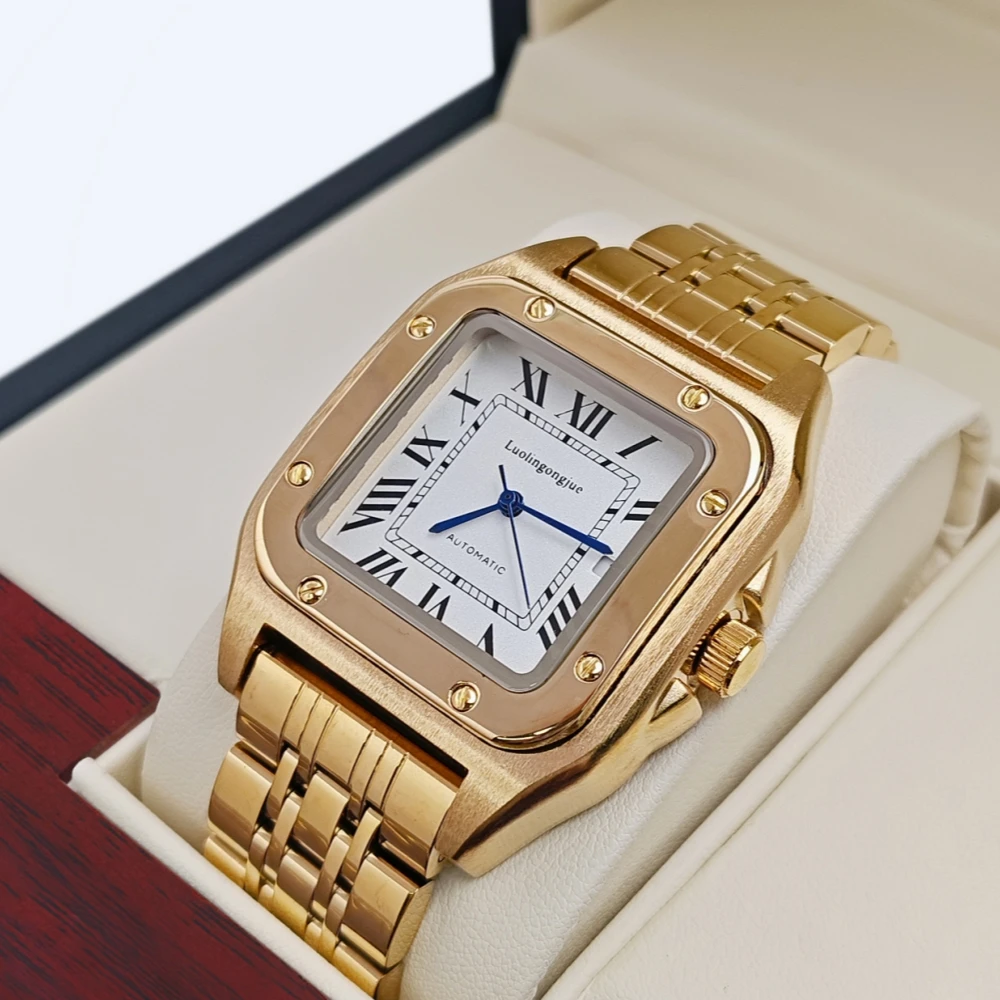 ساعة ميكانيكية رجالية مربعة أصلية جديدة عالية الجودة، لف تلقائي، تصميم هيكل عظمي، حزام من الفولاذ المقاوم للصدأ، مع عرض التقويم، سلسلة تانك على الطراز الأوروبي والأمريكي، ساعة رجالية عصرية للأولاد في عيد الحب