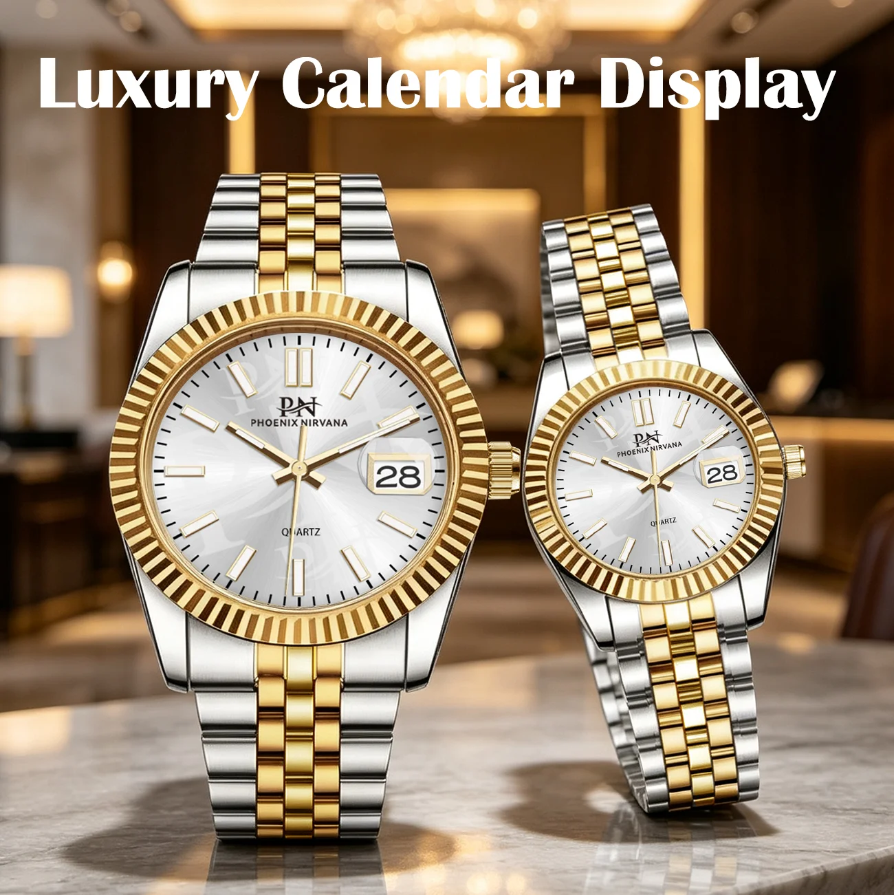 PN Luxury Waterproof Men's & Ladies Watches Large Dial Classic Stainless Steel Band with Date Display