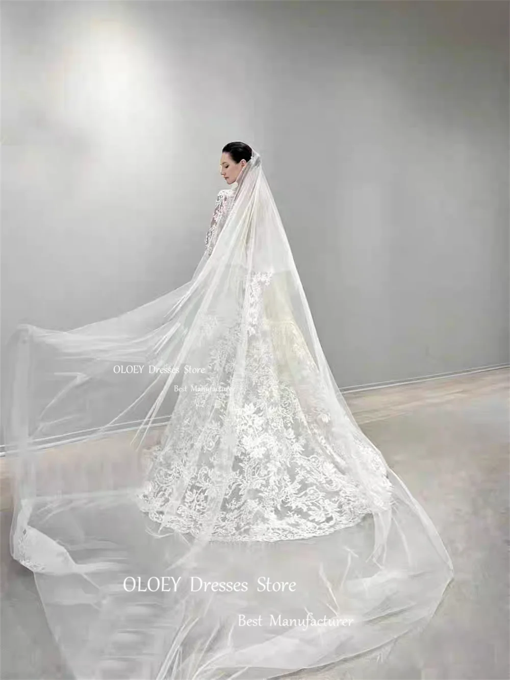 OLOEY Embroidery Lace Ivory Wedding Dresses For Women Bride Long Bridal Gown A-Line Floor Length Sweep Train Long Sleeves Custom