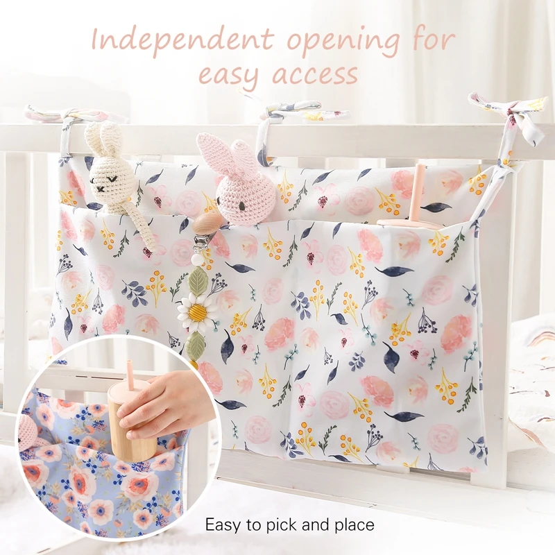 Portable Baby Crib Storage Bag Floral Large Capacity Hanging Crib Organizer Cotton Nursery Diaper Organizer For Baby Essentials