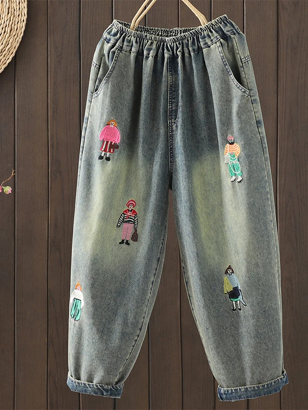 

Retro Ethnic Style Embroidered Denim Jeans Women's Loose Slimming Nine-Piece Harlan Pants Summer 2025 Casual Loose Fit
